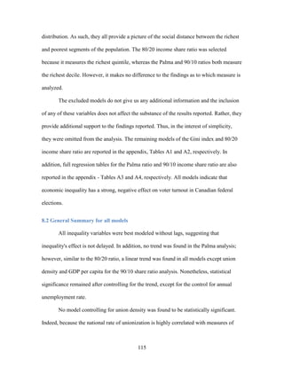 115
distribution. As such, they all provide a picture of the social distance between the richest
and poorest segments of the population. The 80/20 income share ratio was selected
because it measures the richest quintile, whereas the Palma and 90/10 ratios both measure
the richest decile. However, it makes no difference to the findings as to which measure is
analyzed.
The excluded models do not give us any additional information and the inclusion
of any of these variables does not affect the substance of the results reported. Rather, they
provide additional support to the findings reported. Thus, in the interest of simplicity,
they were omitted from the analysis. The remaining models of the Gini index and 80/20
income share ratio are reported in the appendix, Tables A1 and A2, respectively. In
addition, full regression tables for the Palma ratio and 90/10 income share ratio are also
reported in the appendix - Tables A3 and A4, respectively. All models indicate that
economic inequality has a strong, negative effect on voter turnout in Canadian federal
elections.
8.2 General Summary for all models
All inequality variables were best modeled without lags, suggesting that
inequality's effect is not delayed. In addition, no trend was found in the Palma analysis;
however, similar to the 80/20 ratio, a linear trend was found in all models except union
density and GDP per capita for the 90/10 share ratio analysis. Nonetheless, statistical
significance remained after controlling for the trend, except for the control for annual
unemployment rate.
No model controlling for union density was found to be statistically significant.
Indeed, because the national rate of unionization is highly correlated with measures of
 