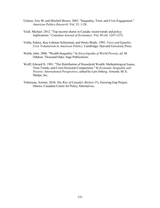 131
Uslaner, Eric M. and Mitchell Brown. 2003. "Inequality, Trust, and Civic Engagement."
American Politics Research. Vol. 31: 1-28.
Veall, Michael. 2012. "Top income shares in Canada: recent trends and policy
implications." Canadian Journal of Economics. Vol. 45 (4): 1247-1272.
Verba, Sidney, Kay Lehman Schlozman, and Henry Brady. 1995. Voice and Equality:
Civic Voluntarism in American Politics. Cambridge: Harvard University Press.
Walsh, John. 2006. "Wealth Inequality." In Encyclopedia of World Poverty, ed. M.
Odekon. Thousand Oaks: Sage Publications.
Wolff, Edward N. 1991. "The Distribution of Household Wealth: Methodological Issues,
Time Trends, and Cross-Sectional Comparisons." In Economic Inequality and
Poverty: International Perspectives, edited by Lars Osberg. Armonk: M. E.
Sharpe, Inc.
Yalnizyan, Armine. 2010. The Rise of Canada's Richest 1%. Growing Gap Project.
Ottawa: Canadian Centre for Policy Alternatives.
 