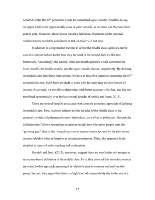 27
needed to enter the 80th
percentile would be considered upper-middle. Needless to say,
the upper limit in the upper-middle class is quite variable, as incomes can fluctuate from
year to year. Moreover, those whose incomes fall below 60 percent of the national
median income would be considered at risk of poverty, if not poor.
In addition to using median income to define the middle class, quintiles can be
used in a similar fashion to the how they are used in the second, rich-vs.-the-rest
framework. Accordingly, the second, third, and fourth quintiles would constitute the
lower-middle, the middle-middle, and the upper-middle classes, respectively. By dividing
the middle class into these three groups, we have at least five quantiles (assuming the 80th
percentile has not, itself, been divided) to work with for analyzing the distribution of
income. As a result, we are able to determine, with better accuracy, who has, and has not,
benefitted economically over the last several decades (Gornick and Jantti, 2013).
There are several benefits associated with a purely economic approach of defining
the middle class. First, it allows citizens to link the idea of the middle class to the
economy, which is fundamental to most individuals, as well as to politicians. Second, the
definition itself allows researchers to gain an insight into what most people term the
“growing gap”, that is, the rising disparities in income shares accrued by the rich versus
the rest, which is often referred to as income polarization. Third, this approach is the
simplest in terms of understanding and explanation.
Gornick and Jantti (2013), moreover, suggest there are two further advantages to
an income-based definition of the middle class. First, they contend that most data sources
are suited to this approach, meaning it is relatively easy to measure and analyze this
group. Second, they argue that there is a high level of comparability due to the use of a
 