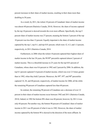 34
percent increases in their share of market income, resulting in their share more than
doubling in 30 years.
As a result, by 2011, the richest 10 percent of Canadians' share of market income
was almost 40 percent (Statistics Canada, 2014). However, the share of income captured
by the top 10 percent is skewed towards the even more affluent. Specifically, the top 5
percent share of market income was 27 percent, meaning the bottom 5 percent of the top
10 percent was less than 13 percent. Equally important is the share of market income
captured by the top 1, top 0.1, and top 0.01 percent, which were 12, 4.3, and 1.5 percent,
respectively, in 2011 (Statistics Canada, 2014.
Furthermore, in 2006 when the richest 10 percent captured their highest share of
market income in the last 30 years, the 99.99th
percentile captured almost 2 percent of
market income. This is a threefold increase in 25 years for the top 0.01 percent of
Canadians, whose share was 0.6 percent in 1982 and 2 percent by 2006. In addition, the
top 0.1 percent captured 5.4 percent of market income, which was over 2.5 times greater
than in 1982, when they held 2 percent. Moreover, the 99th
, 95th
, and 90th
percentiles
captured 14, 28, and 40 percent, respectively, of market income for 2006; all the while
the remaining 90 percent of Canadians captured less than 60 percent.
In contrast, the remaining 90 percent of Canadians saw a decrease of over 12
percent in their share of market income occur between 1982 and 2011 (Statistics Canada,
2014). Indeed, in 1982 the bottom 90's share was 68 percent, however, by 2011 it was
only 60 percent. Put another way, the bottom 90 percent of Canadians' share of market
income in 2011 was 89 percent of what it was in 1982. However, the share of market
income captured by the bottom 90 is skewed in the direction of the more affluent. In
 