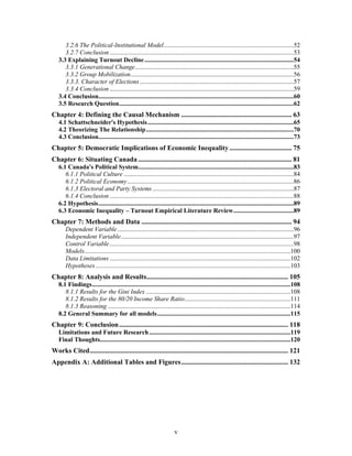v
3.2.6 The Political-Institutional Model..................................................................................52
3.2.7 Conclusion....................................................................................................................53
3.3 Explaining Turnout Decline..............................................................................................54
3.3.1 Generational Change....................................................................................................55
3.3.2 Group Mobilization.......................................................................................................56
3.3.3. Character of Elections.................................................................................................57
3.3.4 Conclusion....................................................................................................................59
3.4 Conclusion...........................................................................................................................60
3.5 Research Question..............................................................................................................62
Chapter 4: Defining the Causal Mechanism ................................................................ 63
4.1 Schattschneider's Hypothesis............................................................................................65
4.2 Theorizing The Relationship.............................................................................................70
4.3 Conclusion...........................................................................................................................73
Chapter 5: Democratic Implications of Economic Inequality .................................... 75
Chapter 6: Situating Canada......................................................................................... 81
6.1 Canada's Political System..................................................................................................83
6.1.1 Political Culture ...........................................................................................................84
6.1.2 Political Economy.........................................................................................................86
6.1.3 Electoral and Party Systems.........................................................................................87
6.1.4 Conclusion....................................................................................................................88
6.2 Hypothesis...........................................................................................................................89
6.3 Economic Inequality – Turnout Empirical Literature Review......................................89
Chapter 7: Methods and Data ....................................................................................... 94
Dependent Variable...............................................................................................................96
Independent Variable.............................................................................................................97
Control Variable....................................................................................................................98
Models..................................................................................................................................100
Data Limitations..................................................................................................................102
Hypotheses...........................................................................................................................103
Chapter 8: Analysis and Results.................................................................................. 105
8.1 Findings.............................................................................................................................108
8.1.1 Results for the Gini Index ...........................................................................................108
8.1.2 Results for the 80/20 Income Share Ratio...................................................................111
8.1.3 Reasoning ...................................................................................................................114
8.2 General Summary for all models....................................................................................115
Chapter 9: Conclusion.................................................................................................. 118
Limitations and Future Research.........................................................................................119
Final Thoughts........................................................................................................................120
Works Cited................................................................................................................... 121
Appendix A: Additional Tables and Figures.............................................................. 132
 