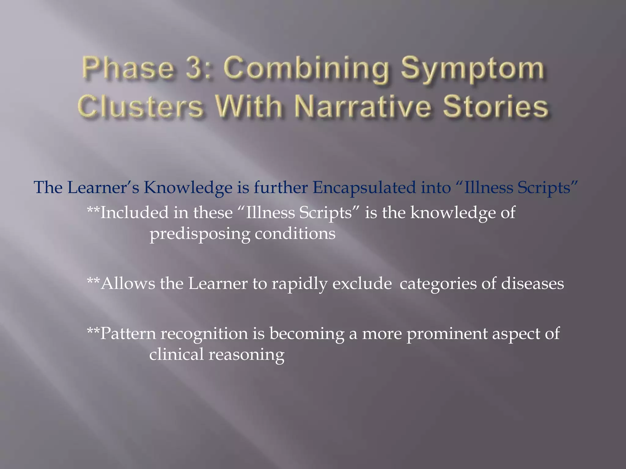 The Learner’s Knowledge is further Encapsulated into “Illness Scripts”
**Included in these “Illness Scripts” is the knowledge of
predisposing conditions
**Allows the Learner to rapidly exclude categories of diseases
**Pattern recognition is becoming a more prominent aspect of
clinical reasoning
 