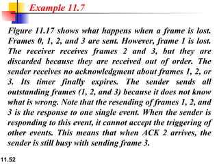 11.52
Figure 11.17 shows what happens when a frame is lost.
Frames 0, 1, 2, and 3 are sent. However, frame 1 is lost.
The receiver receives frames 2 and 3, but they are
discarded because they are received out of order. The
sender receives no acknowledgment about frames 1, 2, or
3. Its timer finally expires. The sender sends all
outstanding frames (1, 2, and 3) because it does not know
what is wrong. Note that the resending of frames 1, 2, and
3 is the response to one single event. When the sender is
responding to this event, it cannot accept the triggering of
other events. This means that when ACK 2 arrives, the
sender is still busy with sending frame 3.
Example 11.7
 