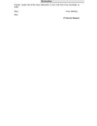 Declaration
I hereby declare that all the above information is true to the best of my knowledge an
belief.
Place: Yours faithfully,
Date:
(V.Suresh Kumar)
 