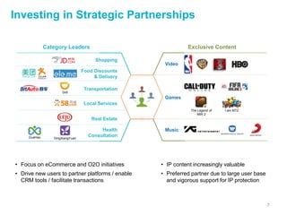 7
Investing in Strategic Partnerships
• Focus on eCommerce and O2O initiatives
• Drive new users to partner platforms / enable
CRM tools / facilitate transactions
Exclusive ContentCategory Leaders
• IP content increasingly valuable
• Preferred partner due to large user base
and vigorous support for IP protection
Food Discounts
& Delivery
Shopping
Health
Consultation
Real Estate
Transportation
DingXiangYuanGuaHao
Games
Video
Music
The Legend of
MIR 2
I am MT2
Didi
Local Services
 