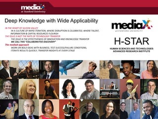 Deep Knowledge with Wide Applicability
IN	
  THE	
  HEART	
  OF	
  SILICON	
  VALLEY	
  
	
  IN	
  A	
  CULTURE	
  OF	
  RAPID	
  ITERATION,	
  WHERE	
  DISRUPTION	
  IS	
  CELEBRATED,	
  WHERE	
  TALENT,	
  	
  
	
  	
  	
  	
  	
  	
  	
  	
  	
  	
  INFORMATION	
  &	
  CAPITAL	
  RESOURCES	
  FLOURISH	
  
THE	
  ISSUE	
  IS	
  NOT	
  THE	
  RATE	
  OF	
  TECHNOLOGY	
  TRANSFER	
  
	
  THE	
  ISSUE	
  IS	
  THE	
  EFFECTIVENESS	
  OF	
  INNOVATION	
  AND	
  KNOWLEDGE	
  TRANSFER	
  	
  
	
  WE	
  CALL	
  THIS	
  “COLLABORATIVE	
  DISCOVERY”	
  
The	
  mediaX	
  approach	
  
	
  WORK	
  ON	
  BOLD	
  IDEAS	
  WITH	
  BUSINESS,	
  TEST	
  SUCCESS/FAILURE	
  CONDITIONS,	
  	
  
	
  ITERATE	
  RESULTS	
  QUICKLY,	
  TRANSFER	
  INSIGHTS	
  AT	
  EVERY	
  STAGE	
  
at S T A N F O R D U N I V E R S I T Y
H-STAR
HUMAN SCIENCES AND TECHNOLOGIES
ADVANCED RESEARCH INSTITUTE
mediaX at Stanford University
 