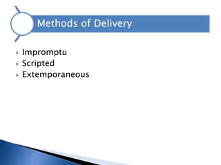 Methods of Delivery

   Impromptu
   Scripted
   Extemporaneous
 