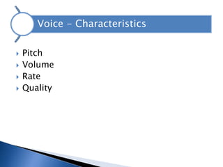 Voice - Characteristics

   Pitch
   Volume
   Rate
   Quality
 