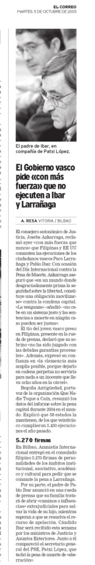 El Gobierno Vasco pide &lt;&lt;con>> que no ejecuten a Ibar y a Larrañaga