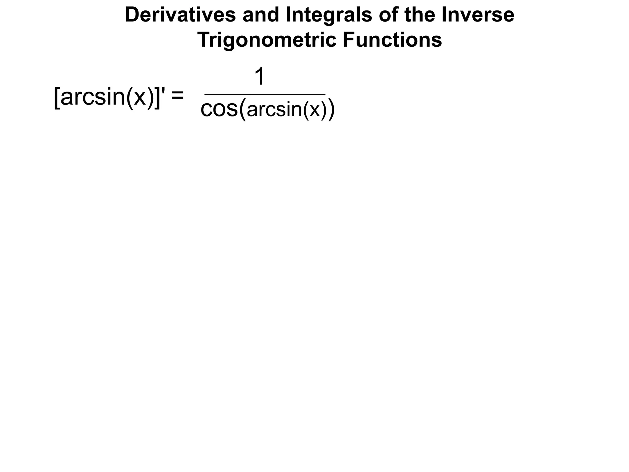 [arcsin(x)]'
1
cos(arcsin(x))
=
Derivatives and Integrals of the Inverse
Trigonometric Functions
 