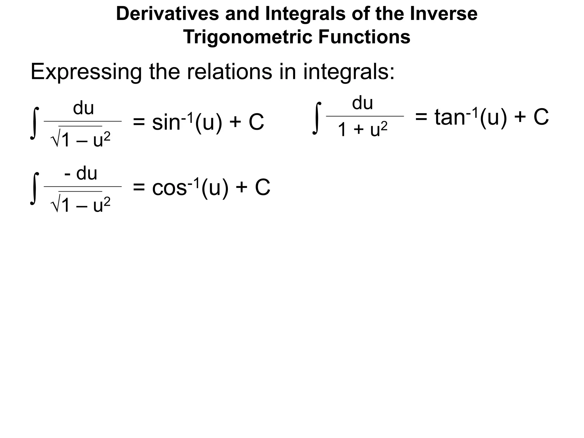Derivatives and Integrals of the Inverse
Trigonometric Functions
= sin-1(u) + C
1 – u2
du
Expressing the relations in integrals:
∫
= cos-1(u) + C
1 – u2
- du
∫
= tan-1(u) + C
du
∫ 1 + u2
 