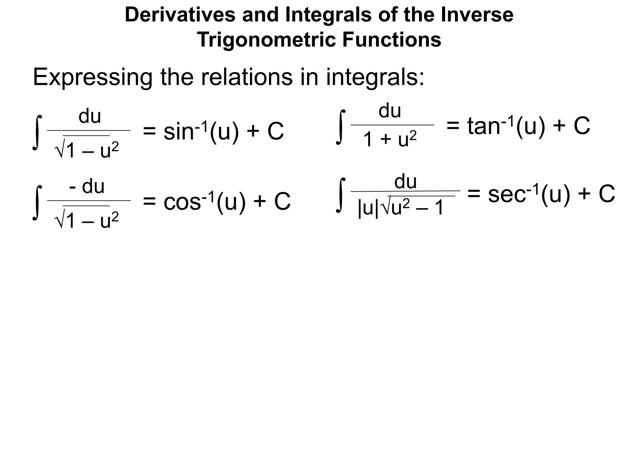 Derivatives and Integrals of the Inverse
Trigonometric Functions
= sin-1(u) + C
1 – u2
du
|u|u2 – 1
Expressing the relations in integrals:
∫
= cos-1(u) + C
1 – u2
- du
∫
= tan-1(u) + C
du
∫ 1 + u2
= sec-1(u) + C∫
du
 