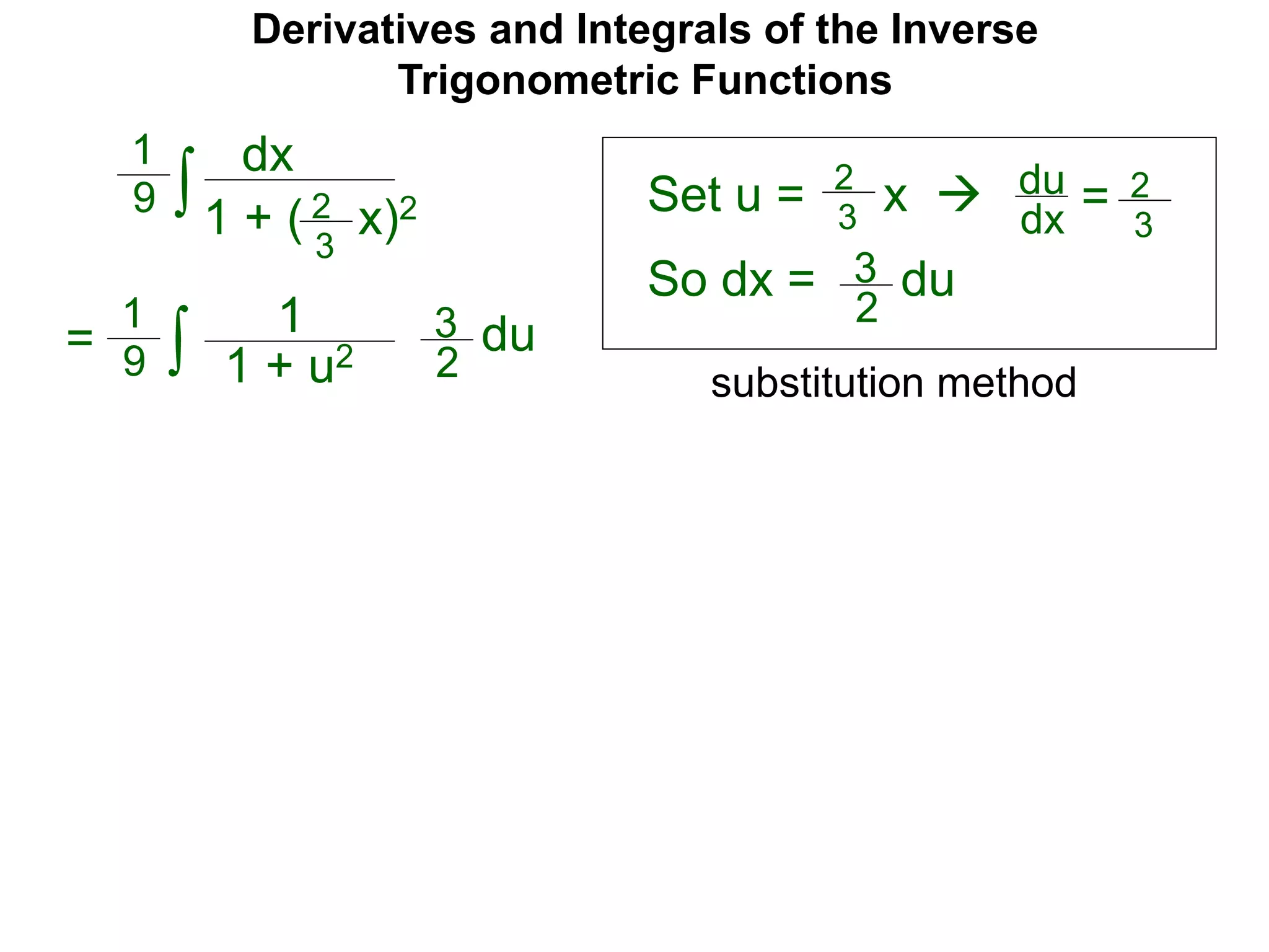 Derivatives and Integrals of the Inverse
Trigonometric Functions
Set u =
dx
1 + ( x)2∫
1
9 2
3
2
3
x  du
dx = 2
3
So dx = 3
2
du
= ∫
1
9
1
1 + u2
3
2
du
substitution method
 