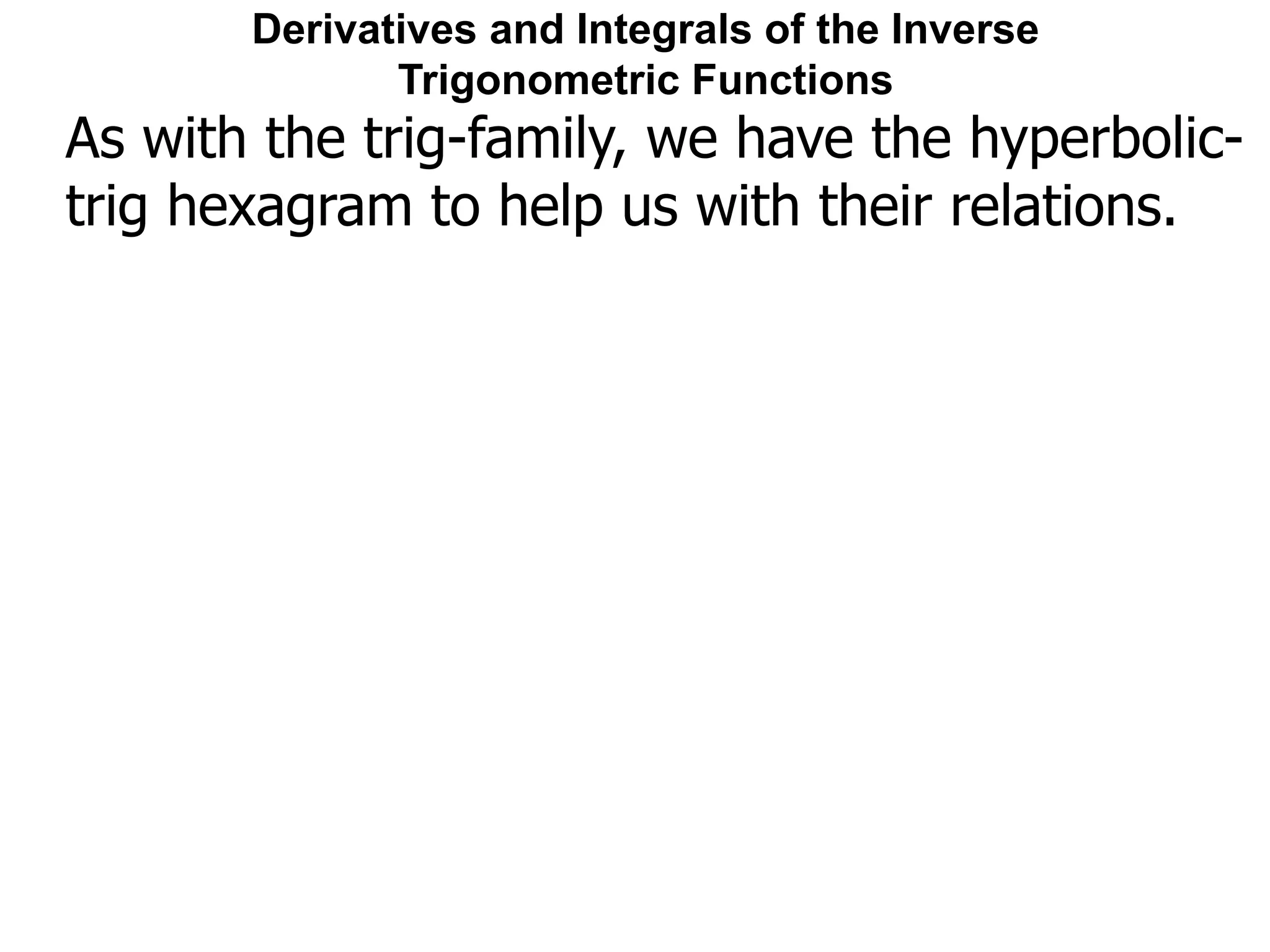 As with the trig-family, we have the hyperbolic-
trig hexagram to help us with their relations.
Derivatives and Integrals of the Inverse
Trigonometric Functions
 