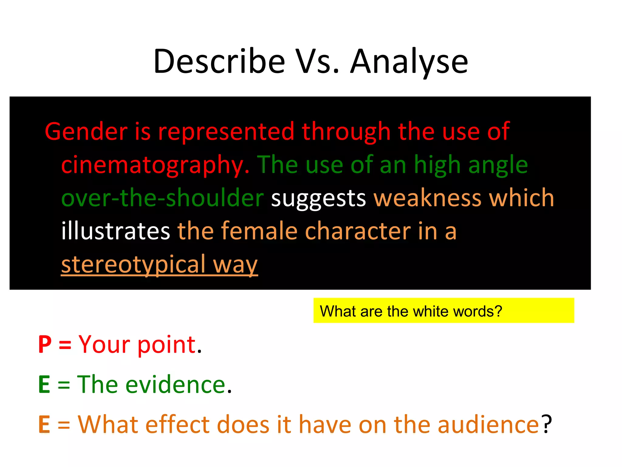 Describe Vs. Analyse
‘Gender is represented through the use of
  cinematography. The use of an high angle
  over-the-shoulder suggests weakness which
  illustrates the female character in a
  stereotypical way.’
                        What are the white words?

P = Your point.
E = The evidence.
E = What effect does it have on the audience?
 