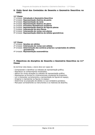 Programa da Disciplina de Desenho e Geometria Descritiva – 11ª Classe
Página 10 de 28
6. Visão Geral dos Conteúdos de Desenho e Geometria Descritiva no
ESG2
11ª Classe
1ª Unidade: Introdução à Geometria Descritiva
2ª Unidade: Representação diedrica do ponto
3ª Unidade: Representação da recta
4ª Unidade: Representação diedrica do plano
5ª Unidade: Processos Geométricos auxiliares
6ª Unidade: Representação diedrica de figuras planas
7ª Unidade: Intersecção de dois Planos
8ª Unidade: Intersecção de rectas com planos
9ª Unidade: Representação diédrica de sólidos geométricos
12ª Classe
1ª Unidade: Secções em sólidos
2ª Unidade: Intersecção de rectas com sólidos
3ª Unidade: Determinação das sombras próprias e projectadas de sólidos
geométricos
4ª Unidade: Representação axonométrica
7. Objectivos da disciplina de Desenho e Geometria Descritiva na 11ª
Classe
Ao terminar esta classe, o aluno deve ser capaz de:
- Compreender e identificar os métodos de representação gráfica;
- Reproduzir os conhecimentos ministrados;
- Aplicar em novas situações os métodos de representação gráfica;
- Representar as formas bi e tridimensionais constantes do programa;
- Ler e interpretar correctamente a representação de figuras do espaço;
- Imaginar e representar as figuras no espaço;
- Determinar as projecções de sólidos e a sua verdadeira grandeza;
- Manusear correctamente os instrumentos e os materiais de desenho;
 