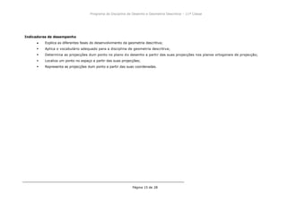 Programa da Disciplina de Desenho e Geometria Descritiva – 11ª Classe
Página 15 de 28
Indicadores de desempenho
Explica as diferentes fases do desenvolvimento da geometria descritiva;
 Aplica o vocabulário adequado para a disciplina de geometria descritiva;
 Determina as projecções dum ponto no plano do desenho a partir das suas projecções nos planos ortogonais de projecção;
 Localiza um ponto no espaço a partir das suas projecções;
 Representa as projecções dum ponto a partir das suas coordenadas.
 