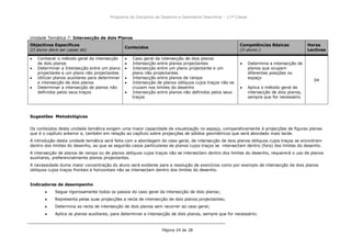 Programa da Disciplina de Desenho e Geometria Descritiva – 11ª Classe
Página 24 de 28
Unidade Temática 7: Intersecção de dois Planos
Objectivos Específicos
(O aluno deve ser capaz de)
Conteúdos
Competências Básicas
(O aluno:)
Horas
Lectivas
Conhecer o método geral da intersecção
de dois planos
Determinar a Intersecção entre um plano
projectante e um plano não projectantes
Utilizar planos auxiliares para determinar
a intersecção de dois planos
Determinar a intersecção de planos não
definidos pelos seus traços
Caso geral da intersecção de dois planos
Intersecção entre planos projectantes
Intersecção entre um plano projectante e um
plano não projectantes
Intersecção entre planos de rampa
Intersecção de planos oblíquos cujos traços não se
cruzam nos limites do desenho
Intersecção entre planos não definidos pelos seus
traços
Determina a intersecção de
planos que ocupam
diferentes posições no
espaço
Aplica o método geral de
intersecção de dois planos,
sempre que for necessário
04
Sugestões Metodológicas
Os conteúdos desta unidade temática exigem uma maior capacidade de visualização no espaço, comparativamente à projecções de figuras planas
que é o capítulo anterior e, também em relação ao capítulo sobre projecções de sólidos geométricos que será abordado mais tarde.
A introdução desta unidade temática será feita com a abordagem do caso geral, de intersecção de dois planos oblíquos cujos traços se encontram
dentro dos limites do desenho, ao que se seguirão casos particulares de planos cujos traços se intersectam dentro (fora) dos limites do desenho.
A intersecção de planos de rampa ou de planos oblíquos cujos traços não se intersectam dentro dos limites do desenho, requererá o uso de planos
auxiliares, preferencialmente planos projectantes.
A necessidade duma maior concentração do aluno será evidente para a resolução de exercícios como por exemplo de intersecção de dois planos
oblíquos cujos traços frontais e horizontais não se intersectam dentro dos limites do desenho.
Indicadores de desempenho
Segue rigorosamente todos os passos do caso geral da intersecção de dois planos;
Representa pelas suas projecções a recta de intersecção de dois planos projectantes;
Determina as recta de intersecção de dois planos sem recorrer ao caso geral;
Aplica os planos auxiliares, para determinar a intersecção de dois planos, sempre que for necessário;
 