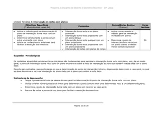 Programa da Disciplina de Desenho e Geometria Descritiva – 11ª Classe
Página 25 de 28
Unidade Temática 8: Intersecção de rectas com planos
Objectivos Específicos
(O aluno deve ser capaz de)
Conteúdos
Competências Básicas
(O aluno:)
Horas
Lectivas
Aplicar o método geral na determinação do
ponto de intersecção duma recta com um
plano
Determinar directamente o ponto comum
entre uma recta e um plano
Aplicar os conhecimentos anteriores para
facilitar a resolução dos exercícios
Intersecção duma recta e um plano
quaisquer
Intersecção duma recta projectante com
um plano oblíquo
Intersecção duma recta qualquer com um
plano projectante
Intersecção duma recta projectante com
um plano projectante
Intersecção de rectas com planos de rampa
Aplicar correctamente o
método geral de intersecção
de rectas com planos
Determina o ponto de
intersecção duma recta com
um plano usando o método
menos complexo possível
04
Sugestões Metodológicas
Os conteúdos aprendidos na intersecção de doi planos são fundamentais para perceber a intersecção duma recta com plano, pois, de um modo
geral, o ponto de intersecção duma recta com um plano encontra-se sobre a recta de intersecção do plano que contém a recta dada com o plano
dado.
Deverão ser explicados casos particulares em que a determinação do ponto de intersecção é directa, dispensando deste modo o caso geral, no qual
se deve determinar a recta de intersecção do plano dado com o plano que contém a recta dada.
Indicadores de desempenho
Segue rigorosamente todos os passos do caso geral na determinação do ponto de intersecção duma recta com um plano;
Utiliza o menor número possível de linhas para determinar o ponto comum entre uma determinada recta e um determinado plano;
Determina o ponto de intersecção duma recta com um plano sem recorrer ao caso geral;
Recorre às rectas e pontos de um plano para facilitar a resolução dos exercícios.
 