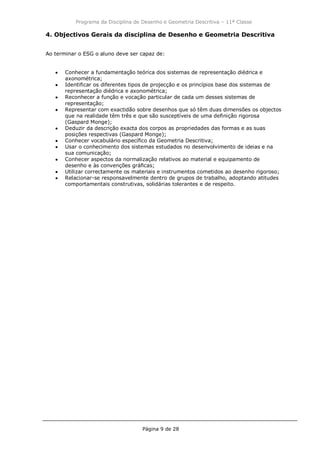 Programa da Disciplina de Desenho e Geometria Descritiva – 11ª Classe
Página 9 de 28
4. Objectivos Gerais da disciplina de Desenho e Geometria Descritiva
Ao terminar o ESG o aluno deve ser capaz de:
Conhecer a fundamentação teórica dos sistemas de representação diédrica e
axonométrica;
Identificar os diferentes tipos de projecção e os princípios base dos sistemas de
representação diédrica e axonométrica;
Reconhecer a função e vocação particular de cada um desses sistemas de
representação;
Representar com exactidão sobre desenhos que só têm duas dimensões os objectos
que na realidade têm três e que são susceptíveis de uma definição rigorosa
(Gaspard Monge);
Deduzir da descrição exacta dos corpos as propriedades das formas e as suas
posições respectivas (Gaspard Monge);
Conhecer vocabulário específico da Geometria Descritiva;
Usar o conhecimento dos sistemas estudados no desenvolvimento de ideias e na
sua comunicação;
Conhecer aspectos da normalização relativos ao material e equipamento de
desenho e às convenções gráficas;
Utilizar correctamente os materiais e instrumentos cometidos ao desenho rigoroso;
Relacionar-se responsavelmente dentro de grupos de trabalho, adoptando atitudes
comportamentais construtivas, solidárias tolerantes e de respeito.
 