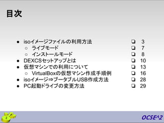 目次
2
● isoイメージファイルの利用方法
○ ライブモード
○ インストールモード
● DEXCSセットアップとは
● 仮想マシンでの利用について
○ VirtualBoxの仮想マシン作成手順例
● isoイメージ⇒ブータブルUSB作成方...