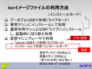 isoイメージファイルの利用方法
❏ ブータブルUSBで利用（ライブモード）
❏ 専用マシンにインストールして利用
❏ 通常利用マシンとは別ドライブにインストール
し、起動時に切り替え利用
❏ 仮想マシンプレーヤで利用
❏ 「ubuntu を試...