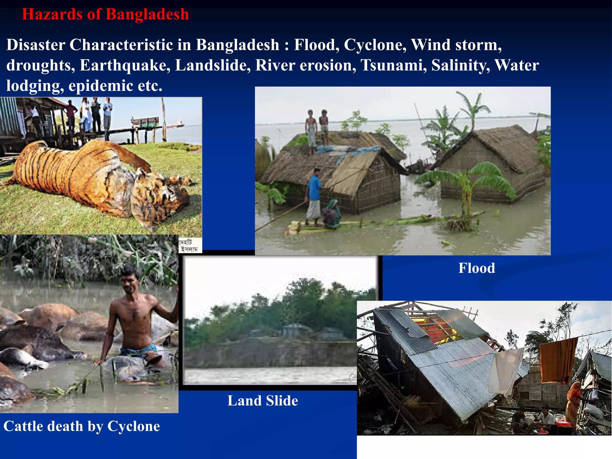 Hazards of Bangladesh
Disaster Characteristic in Bangladesh : Flood, Cyclone, Wind storm,
droughts, Earthquake, Landslide, River erosion, Tsunami, Salinity, Water
lodging, epidemic etc.

Flood

Land Slide
Cattle death by Cyclone
Tornado

 