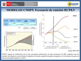 MODELOS CMIP5: Escenario de emisión RCP8.5
RCP8.5 supone la combinación de un alto crecimiento poblacional, un bajo crecimiento de PBI, modestas tasas de
cambios tecnológicos y poca eficiencia energética, llevando a grandes demandas energéticas y el incremento de gases de
efecto invernadero (Riahi et al, 2011)
RCP8.5
RCP2.6
RCP4.5
RCP6.0
Escenario Población Economía Medio
Ambiente
Tecnología
A1F1
A1B
A1T
B1
A2
B2
RCP8.
5
PBI CAMBIOS
TECNOLÓGICOS
EFICIENCIA
ENERGÉTICA
Fuente: IPCC 2013
 