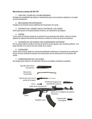 Mecanismos y piezas del AK-103
1. TAPA DEL CAJÓN DE LOS MECANISMOS
Protege de suciedades las piezas y mecanismos que se encuentran alojados en el cajón
de los mecanismos
2. MECANISMO RECUPERADOR
Facilita el movimiento hacia adelante del mecanismo de cierre.
3. SOPORTE DEL CIERRE CON EL PISTÓN DE LOS GASES
Sirve para poner en funcionamiento al cierre y el mecanismo de disparo.
4. CIERRE
Tiene como funciones introducir el cartucho en la recamara del cañón, cerrar la misma,
golpear la capsula fulminante del cartucho y extraer la vaina vacía de la recamara.
5. CILINDRO DE LOS GASES CON GUARDAMANO SUPERIOR
Por su parte anterior se fija el zuncho de la toma de los gases y por la parte posterior, a la
base del alza a la cual se une por medio de su perno
6. CARGADOR
Tiene como función alojar los cartuchos facilitando mediante su mecanismo la extracción
de los mismos durante el proceso de introducción de los cartuchos en la recamara del
cañón
7. COMPENSADOR DE LOS GASES
Se emplea para disminuir el retroceso del arma al realizar el disparo (culatazo).
 