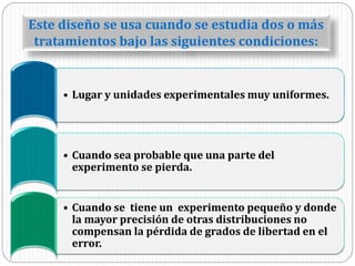 Este diseño se usa cuando se estudia dos o más
tratamientos bajo las siguientes condiciones:
• Lugar y unidades experimentales muy uniformes.
• Cuando sea probable que una parte del
experimento se pierda.
• Cuando se tiene un experimento pequeño y donde
la mayor precisión de otras distribuciones no
compensan la pérdida de grados de libertad en el
error.
 