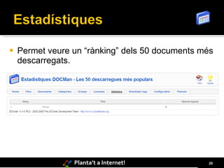    Permet veure un “rànking” dels 50 documents més
    descarregats.




                 Planta’t a Internet!            20
 