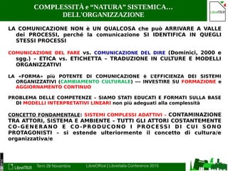 Terni 28 Novembre LibreOffice | LibreItalia Conference 2015
COMPLESSITÀ e “NATURA” SISTEMICA…
DELL'ORGANIZZAZIONE
LA COMUNICAZIONE NON è UN QUALCOSA che può ARRIVARE A VALLE
dei PROCESSI, perché la comunicazione SI IDENTIFICA IN QUEGLI
STESSI PROCESSI
COMUNICAZIONE DEL FARE vs. COMUNICAZIONE DEL DIRE (Dominici, 2000 e
sgg.) – ETICA vs. ETICHETTA – TRADUZIONE IN CULTURE E MODELLI
ORGANIZZATIVI
LA «FORMA» più POTENTE DI COMUNICAZIONE è L’EFFICIENZA DEI SISTEMI
ORGANIZZATIVI (CAMBIAMENTO CULTURALE) --- INVESTIRE SU FORMAZIONE e
AGGIORNAMENTO CONTINUO
PROBLEMA DELLE COMPETENZE – SIAMO STATI EDUCATI E FORMATI SULLA BASE
DI MODELLI INTERPRETATIVI LINEARI non più adeguati alla complessità
CONCETTO FONDAMENTALE: SISTEMI COMPLESSI ADATTIVI – CONTAMINAZIONE
TRA ATTORI, SISTEMA E AMBIENTE – TUTTI GLI ATTORI COSTANTEMENTE
CO-GENERANO E CO-PRODUCONO I PROCESSI DI CUI SONO
PROTAGONISTI – si estende ulteriormente il concetto di cultura/e
organizzativa/e
 