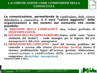 Terni 28 Novembre LibreOffice | LibreItalia Conference 2015
LACOMUNICAZIONE COME CONDIVISIONE DELLA
CONOSCENZA
La comunicazione, permettendo la condivisione delle risorse
informative e conoscitive, è il vero “valore aggiunto” delle
organizzazioni e dei sistemi dal momento che rende
possibile:
A) RIDUZIONE DELLA COMPLESSITÀ (ma, ormai, parliamo di
IPERCOMPLESSITÀ)
B) GESTIONE DELL’INCERTEZZA/RISCHIO (intesa anche come “nuova
rischiosità del rischio”) – ruolo strategico per le imprese del risk
management e del crisis management
C) MEDIAZIONE DEL CONFLITTO - fuori dal sistema: problema del
controllo e accesso alle risorse (Knowledge Society); dentro il
sistema: problematiche legate all’accesso, gestione, elaborazione,
c o n s e r v a z i o n e e c o n d i v i s i o n e d e l l e c o n o s c e n z e e d e l l e
competenze (knowledge management)
P.Dominici (2005 e 2011)
 