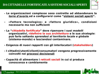 Terni 28 Novembre LibreOffice | LibreItalia Conference 2015
DACITTADELLE FORTIFICATEASISTEMI SOCIALIAPERTI
- Le organizzazioni complesse sono costrette ad abbandonare la
torre d’avorio ed a configurarsi come “sistemi sociali aperti”.
- «Fattore tecnologico» e «fattore giuridico», condizioni
necessarie ma non sufficienti
- La “cittadella fortificata” deve ripensare i suoi modelli
organizzativi, ridefinire la sua architettura e le sue strategie:
può farlo soltanto aprendosi al territorio locale e globale
(sistema-mondo) e lasciandosi contaminare.
- Esigenza di nuovi rapporti con gli interlocutori (stakeholders)
- I cittadini/utenti/clienti/consumatori vengono progressivamente
coinvolti nei processi decisionali
- Capacità di alimentare i reticoli sociali in cui si produce
conoscenza e cambiamento
 