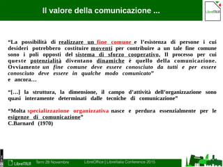 Terni 28 Novembre LibreOffice | LibreItalia Conference 2015
Il valore della comunicazione ...
“La possibilità di realizzare un fine comune e l’esistenza di persone i cui
desideri potrebbero costituire moventi per contribuire a un tale fine comune
sono i poli opposti del sistema di sforzo cooperativo. Il processo per cui
queste potenzialità diventano dinamiche è quello della comunicazione.
Ovviamente un fine comune deve essere conosciuto da tutti e per essere
conosciuto deve essere in qualche modo comunicato”
e ancora…
“[…] la struttura, la dimensione, il campo d’attività dell’organizzazione sono
quasi interamente determinati dalle tecniche di comunicazione”
“Molta specializzazione organizzativa nasce e perdura essenzialmente per le
esigenze di comunicazione”
C.Barnard (1970)
 