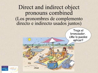Direct and indirect object
   pronouns combined
(Los pronombres de complemento
 directo e indirecto usados juntos)
                               Traje el
                             bronceador.
                            ¿Me lo puedes
                               aplicar?
 