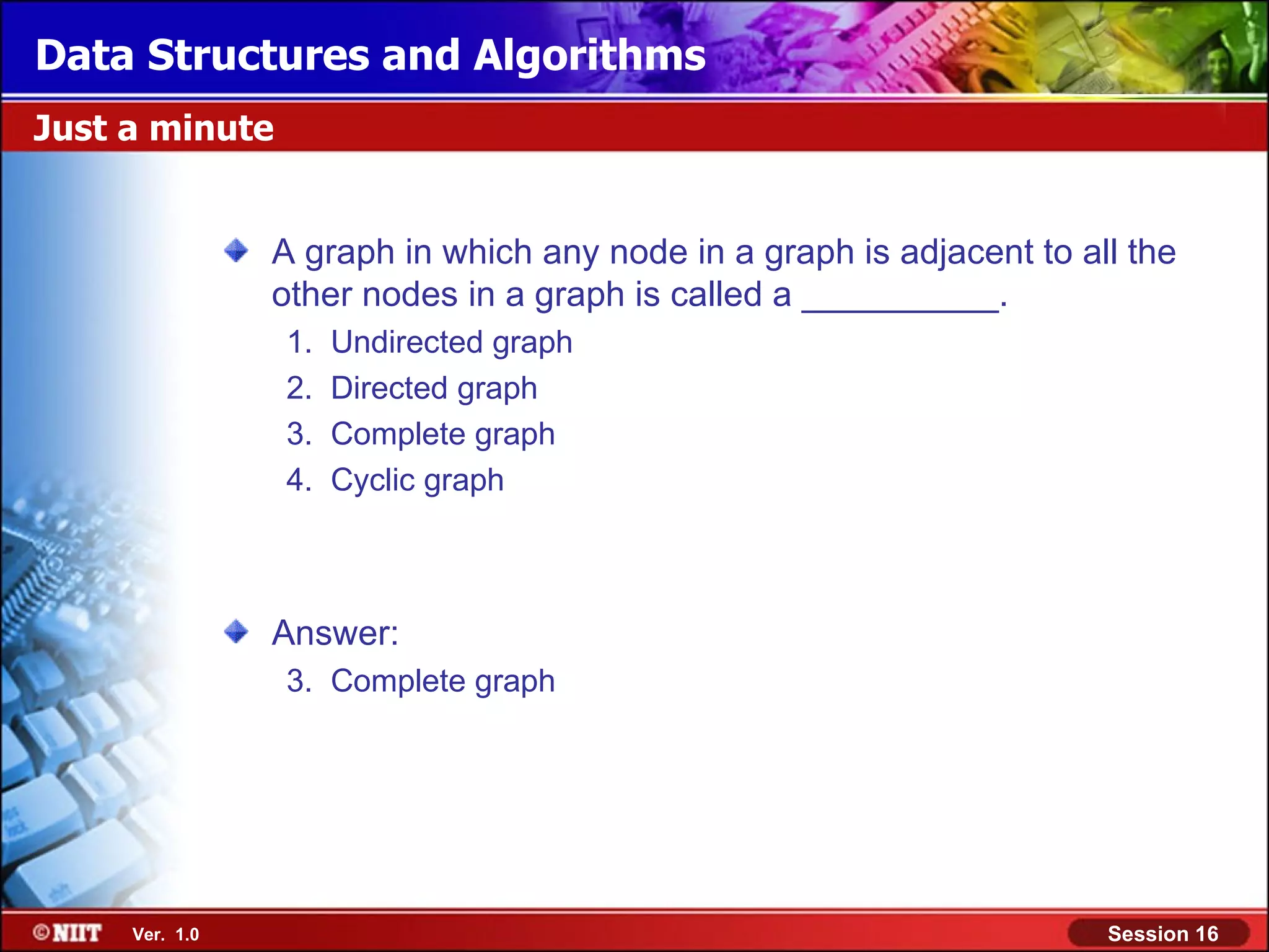 Data Structures and Algorithms Just a minute A graph in which any node in a graph is adjacent to all the other nodes in a graph is called a __________. 1. Undirected graph 2. Directed graph 3. Complete graph 4. Cyclic graph Answer: 3. Complete graph Ver. 1.0 Session 16 