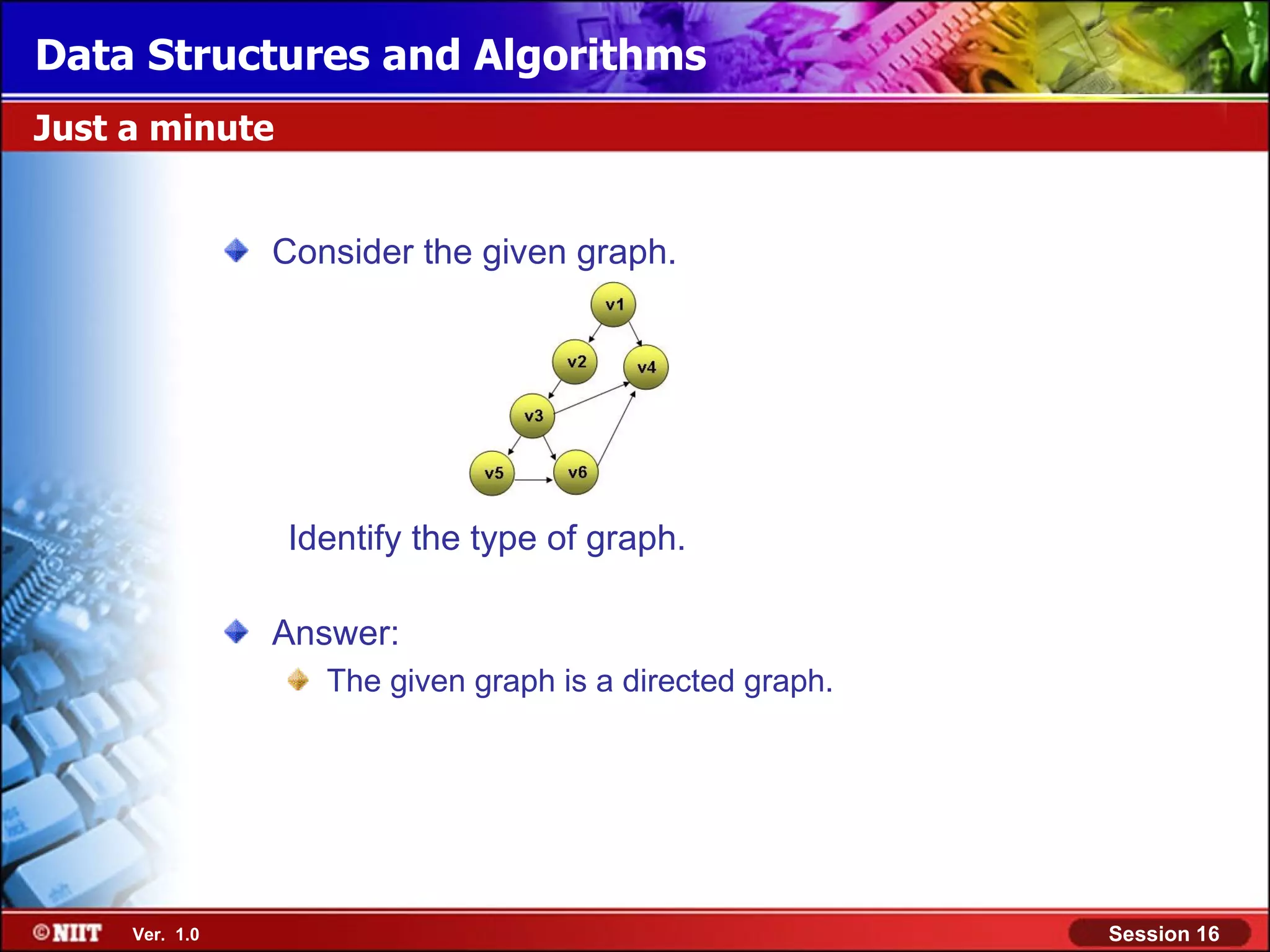 Data Structures and Algorithms Just a minute Consider the given graph. Identify the type of graph. Answer: The given graph is a directed graph. Ver. 1.0 Session 16 