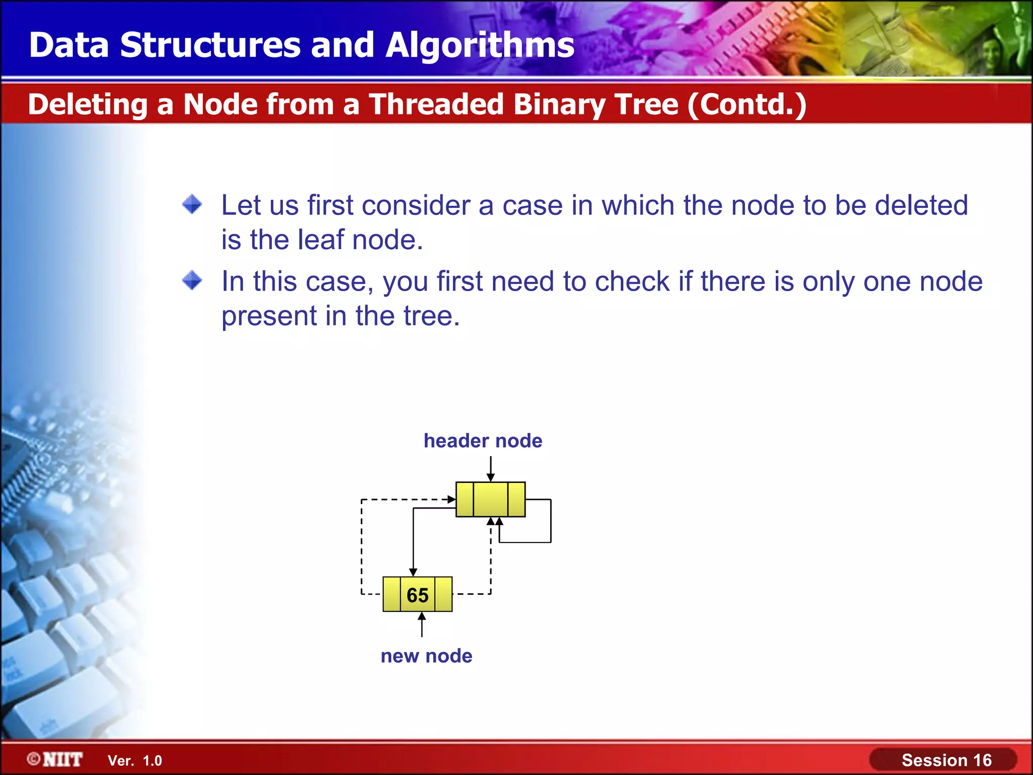 Data Structures and Algorithms Deleting a Node from a Threaded Binary Tree (Contd.) Let us first consider a case in which the node to be deleted is the leaf node. In this case, you first need to check if there is only one node present in the tree. header node 65 new node Ver. 1.0 Session 16 
