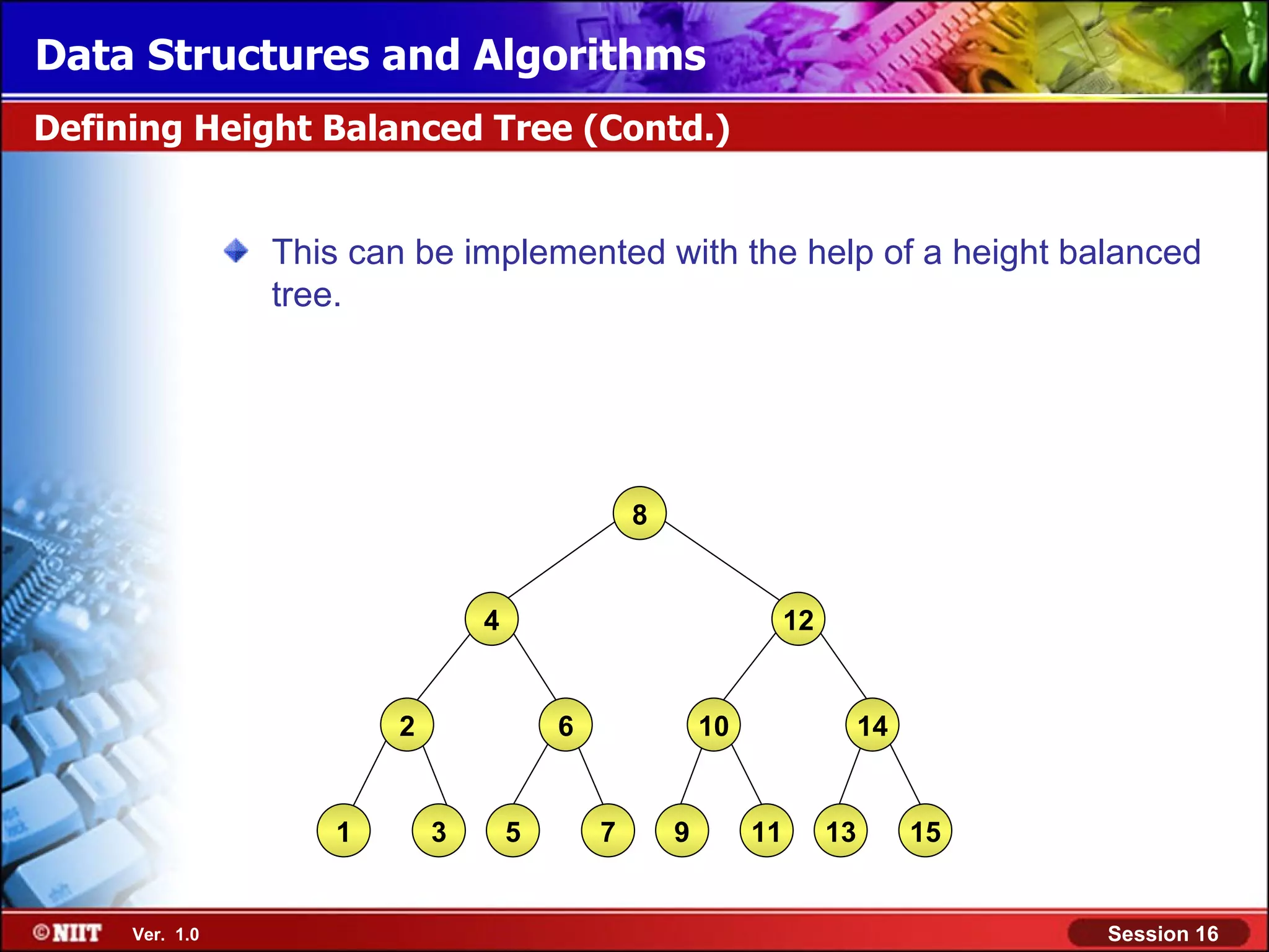 Data Structures and Algorithms Defining Height Balanced Tree (Contd.) This can be implemented with the help of a height balanced tree. 8 4 12 2 6 10 14 1 3 5 7 9 11 13 15 Ver. 1.0 Session 16 