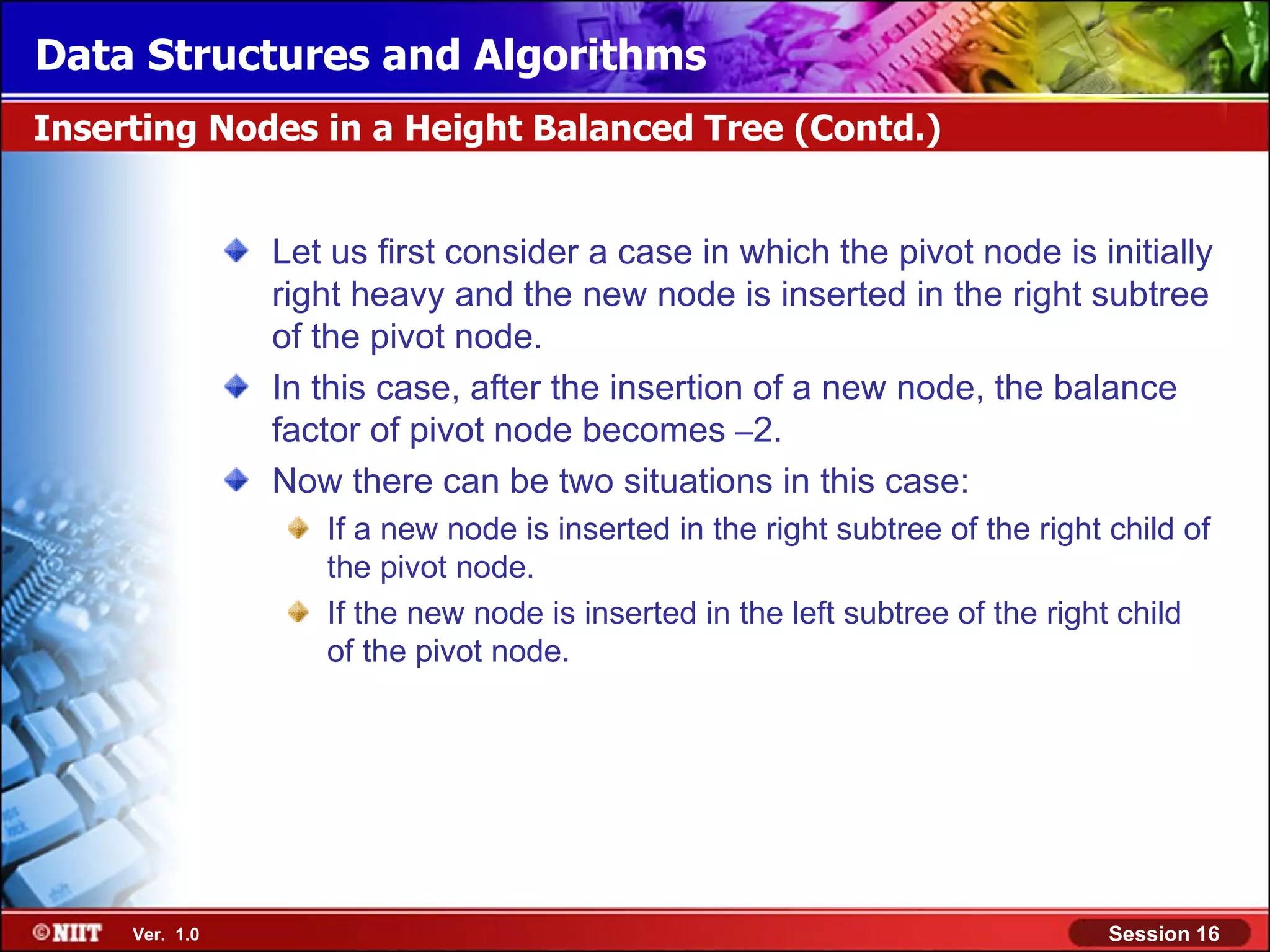 Data Structures and Algorithms Inserting Nodes in a Height Balanced Tree (Contd.) Let us first consider a case in which the pivot node is initially right heavy and the new node is inserted in the right subtree of the pivot node. In this case, after the insertion of a new node, the balance factor of pivot node becomes –2. Now there can be two situations in this case: If a new node is inserted in the right subtree of the right child of the pivot node. If the new node is inserted in the left subtree of the right child of the pivot node. Ver. 1.0 Session 16 
