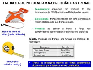 Estojo (fita
métrica de aço)
Tabela. Precisão de trenas, em função do material de
fabricação.
Trena de fibra de
vidro (mais utilizada)
• Trena: as medições devem ser feitas duplamente
(ida e volta) para detectar erros cometidos.
FATORES QUE INFLUENCIAM NA PRECISÃO DAS TRENAS
– Temperatura: manuseio em horários de alta
temperatura (> 35ºC) ocasiona dilatação das trenas.
– Elasticidade: trenas fabricadas em lona apresentam
maior dilatação do que trenas de aço.
– Pressão: ao esticar a trena, a força nas
extremidades pode ocasionar significativa dilatação
 