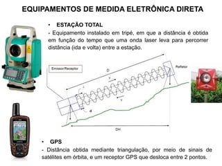 • ESTAÇÃO TOTAL
- Equipamento instalado em tripé, em que a distância é obtida
em função do tempo que uma onda laser leva para percorrer
distância (ida e volta) entre a estação.
EQUIPAMENTOS DE MEDIDA ELETRÔNICA DIRETA
• GPS
- Distância obtida mediante triangulação, por meio de sinais de
satélites em órbita, e um receptor GPS que desloca entre 2 pontos.
 
