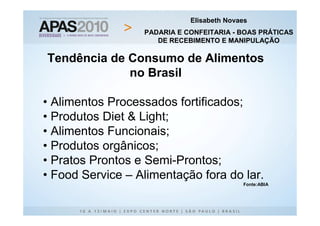 Elisabeth Novaes
                  PADARIA E CONFEITARIA - BOAS PRÁTICAS
                     DE RECEBIMENTO E MANIPULAÇÃO

Tendência de Consumo de Alimentos
             no Brasil

• Alimentos Processados fortificados;
• Produtos Diet & Light;
• Alimentos Funcionais;
• Produtos orgânicos;
• Pratos Prontos e Semi-Prontos;
• Food Service – Alimentação fora do lar.
                                           Fonte:ABIA
 