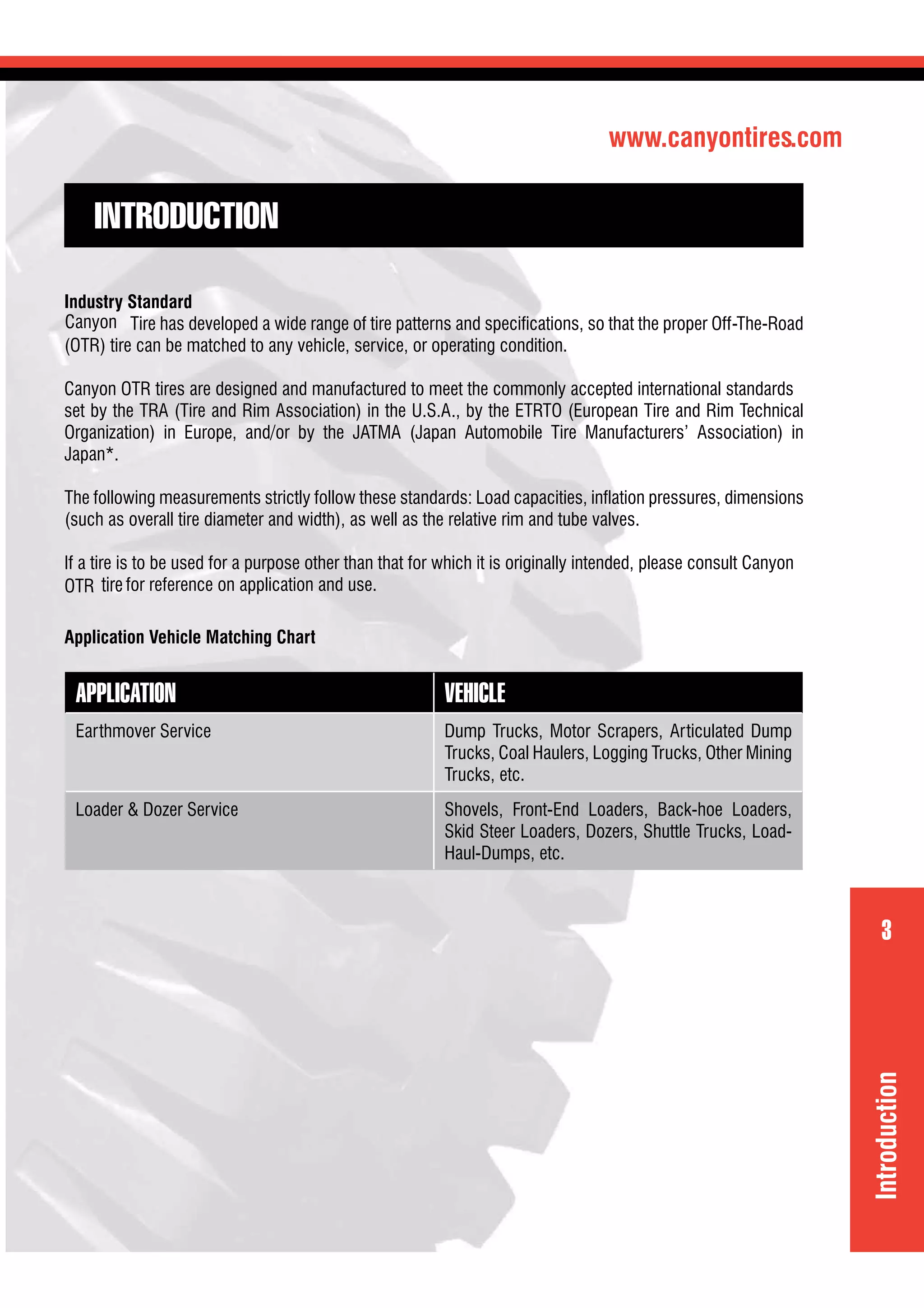 www.canyontires.com
3
Introduction
INTRODUCTION
Industry Standard
Tire has developed a wide range of tire patterns and speciﬁcations, so that the proper Off-The-Road
(OTR) tire can be matched to any vehicle, service, or operating condition.
Canyon OTR tires are designed and manufactured to meet the commonly accepted international standards
set by the TRA (Tire and Rim Association) in the U.S.A., by the ETRTO (European Tire and Rim Technical
Organization) in Europe, and/or by the JATMA (Japan Automobile Tire Manufacturers’ Association) in
Japan*.
The following measurements strictly follow these standards: Load capacities, inﬂation pressures, dimensions
(such as overall tire diameter and width), as well as the relative rim and tube valves.
If a tire is to be used for a purpose other than that for which it is originally intended, please consult Canyon
OTR for reference on application and use.
Application Vehicle Matching Chart
APPLICATION VEHICLE
Earthmover Service Dump Trucks, Motor Scrapers, Articulated Dump
Trucks, Coal Haulers, Logging Trucks, Other Mining
Trucks, etc.
Loader & Dozer Service Shovels, Front-End Loaders, Back-hoe Loaders,
Skid Steer Loaders, Dozers, Shuttle Trucks, Load-
Haul-Dumps, etc.
Canyon
tire
 