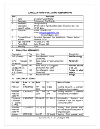 1 Curriculum vitae of Dr. A. H. Mughal 2016
CURRICULUM VITAE OF DR. ARSHAD HUSSAIN MUGHAL
S.No Particulars
1. Name Dr. Arshad Hussain Mughal
2. Designation Professor cum Chief Scientist
3. Address of
organization
presently working
Faculty of Forestry
SK University of Agricultural Sciences & Technology (K). J&K
191121 India.
4. Telephone Mobile: +919419011205;
E.mail: ahmughal1@rediffmail.com
ahmughal1@yahoo.co.in
5. Permanent Home
address
Qamarabad, Qamarwari, Near Masjid Hyder , Srinagar, Kashmir
J&K India, 190010
6. Age/ Date of Birth +51 years, 31-3-1965
7. Place ofBirth (India) Srinagar, J&K.
8. Nationality Indian
9. EDUCATIONAL ATTAINMENTS
Examination Year Univ./ Board Specialization
Ph.D (Forestry) 2002 Forest Research Institute
(Dehra Dun)
Seed Technology
M.Phil Resource
Management
1997 Indian Institute of ForestManagement
(Bhopal)
Agroforestry
P.G Diploma
Ecology and Env.
1992 Indian Institute of Ecology and
Environment(New Delhi)
Pollution sources
in Dal Lake
S F S Course
M.Sc. Forestry
1987 Forest Research Institute
(Dehra Dun)
Forestry & allied
subjects
B.Sc 1985 Kashmir University Biology
10. EMPLOYMENT DETAILS
Post held Scale of pay
(Rs.)
From To Nature of duties
Professor 37,400-67,000 11th July
2014
Till date Teaching Research & Extension
Education and administration
Associate
Professor
AICRP-AF
37,400-67,000 04th Nov
2010
10th July
2014
Teaching Research & Extension
Education and administration
Programme
Coordinator
& Scientist
I/c RARS
37,400-67,000 23rd Oct 08 03rd Nov.10 Administration, Research and
Extension in cold arid region of
Jammu and Kashmir
Associate
Professor
AICRP-AF
12,000-18,000 11th July 06 22nd Oct 08 Teaching (Post graduate level)
Research & Extension Education in
temperate region.
Assistant 8,000-13,500 April 97 10th July 06 Teaching (Post graduate level)
 