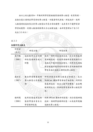 21
由以上的文獻得知，早期利用學習歷程檔案偵測專心程度，有其限制，
並無法真正偵測出學習者的專心程度，而隨著時代演進，科技進步，使用
人臉偵測的技術來分析專心程度似乎是目前的趨勢，也有其不干擾學習者
學習的優勢。有關人臉偵測與專注力之相關文獻，本研究整理如下表 2-2
及表 2-3 所示：
表 2- 2 相關研究文獻表
相關研究文獻表
研究者
(年代)
研究主題 研究結果
蔡沛勳
（2006）
遠距教學之全時精
神狀態偵測系統之
研製
提供一個即時的偵測系統，結合影像處理
及辨識技術，從使用者臉部表情及操作行
為模式中獲得特徵的變化，利用貝氏網路
模型根據所獲得的特徵變化資訊推論修課
學生在進行遠距上課時的專心程度。
蘇信宏
（2007）
數位學習情意偵測
專心程度之影像處
理
研究者提出的專心程度分析模式，是以
WebCam 攝取學習者的平面影像，利用影
像處理技術，找出人臉中的雙眼，並由雙
眼開閉狀況，來辨別學習者的專心程度等
級。
楊明儒
（2008）
使用影像處理技術
監控學童在家自主
學習精神狀態
利用 IPCam 攝取即時影像，結合影像辨識
技術，偵測學童精神狀態，以及使用電腦
過程的專心程度。
 