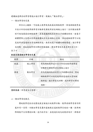 24
建構無遠弗屆的學習環境以進行學習，便稱之『數位學習』。
一、數位學習的定義
综合以上觀點，可把線上教學視為狹義的網路教學，因為網路教學並
不表示所有的教學與學習活動都是讓使用者在網路上進行；至於數位教學
則可視為廣義的網路教學，因為電腦網路具有整合多媒體的特性，使電子
媒體實際上均得以利用超媒體的方式在網路上呈現，因此網路教學可以說
是使用者透過結合資訊網路科技，與其他電子媒體的網路環境，進行學習
或訓練，達成最後學習目標的整個過程。數位學習的定義整理如表 2-4。
表 2- 4 狹義及廣義數位學習的定義
狹義及廣義數位學習的定義
範圍 名稱 描述
狹義 線上學習 因為網路教學並不表示所有的教學與學習
活動都是讓使用者在網路上進行
廣義 數位學習 因為電腦網路具有整合多媒體的特性，因此
網路教學可以說是使用者透過結合資訊網
路科技，進行學習或訓練，達到學習目標的
過程。
資料來源：研究者自行整理。
二、數位學習的模式
傳統教學是指在校園或教室裡進行的教學活動，教學者與學習者同時
處於同一空間。而數位學習是屬於虛擬教室遠距教學系統的一種，採用網
際網路平台來傳授知識、技巧的方法，並透過系統化的教材設計，將教材
 