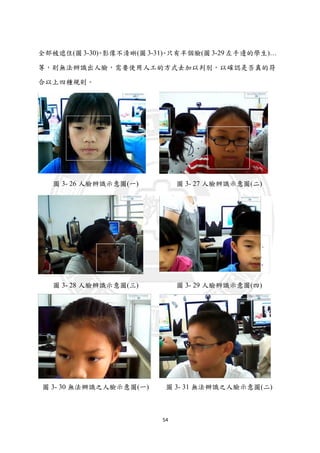 54
全部被遮住(圖 3-30)、影像不清晰(圖 3-31)、只有半個臉(圖 3-29 左手邊的學生)…
等，則無法辨識出人臉，需要使用人工的方式去加以判別，以確認是否真的符
合以上四種規則。
圖 3- 26 人臉辨識示意圖(一) 圖 3- 27 人臉辨識示意圖(二)
圖 3- 28 人臉辨識示意圖(三) 圖 3- 29 人臉辨識示意圖(四)
圖 3- 30 無法辦識之人臉示意圖(一) 圖 3- 31 無法辦識之人臉示意圖(二)
 