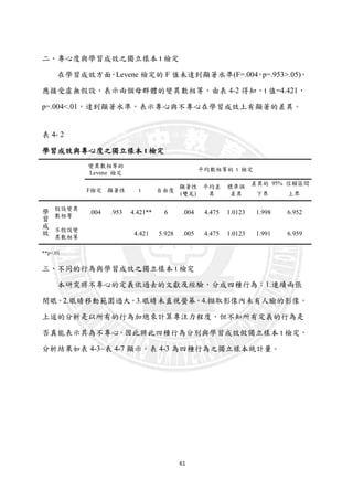 61
二、專心度與學習成效之獨立樣本 t 檢定
在學習成效方面，Levene 檢定的 F 值未達到顯著水準(F=.004，p=.953>.05)，
應接受虛無假設，表示兩個母群體的變異數相等，由表 4-2 得知，t 值=4.421，
p=.004<.01，達到顯著水準，表示專心與不專心在學習成效上有顯著的差異。
表 4- 2 學習成效與專心度之獨立樣本 t 檢定
學習成效與專心度之獨立樣本 t 檢定
變異數相等的
Levene 檢定
平均數相等的 t 檢定
F檢定 顯著性 t 自由度
顯著性
(雙尾)
平均差
異
標準誤
差異
差異的 95% 信賴區間
下界 上界
學
習
成
效
假設變異
數相等
.004 .953 4.421** 6 .004 4.475 1.0123 1.998 6.952
不假設變
異數相等
4.421 5.928 .005 4.475 1.0123 1.991 6.959
**p<.01
三、不同的行為與學習成效之獨立樣本 t 檢定
本研究將不專心的定義依過去的文獻及經驗，分成四種行為：1.連續兩張
閉眼。2.眼睛移動範圍過大。3.眼睛未直視螢幕。4.擷取影像內未有人臉的影像。
上述的分析是以所有的行為加總來計算專注力程度，但不知所有定義的行為是
否真能表示其為不專心。因此將此四種行為分別與學習成效做獨立樣本 t 檢定，
分析結果如表 4-3~表 4-7 顯示。表 4-3 為四種行為之獨立樣本統計量。
 